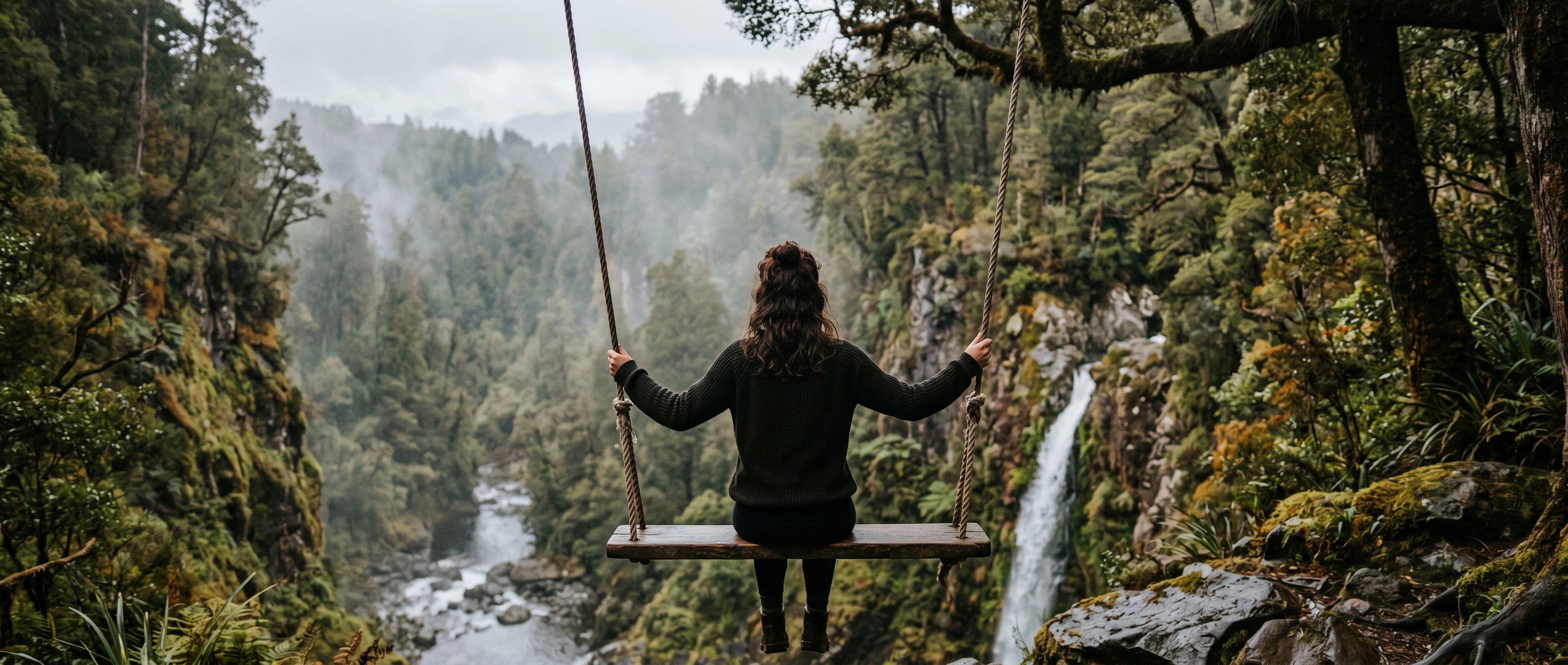 A woman on a swing overlooking a forest waterfall