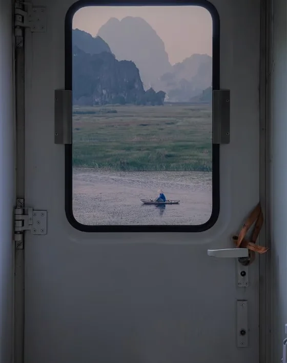 View from a train door looking onto open water and mountains